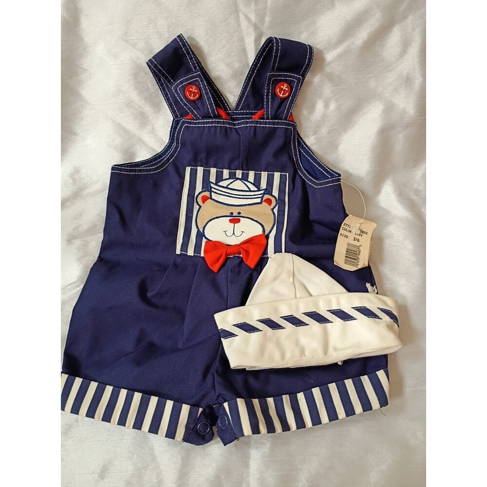 Vintage Baby 3-6M ~NWT Sailor Bear Outfit Blue White One Piece Shorts Suspenders